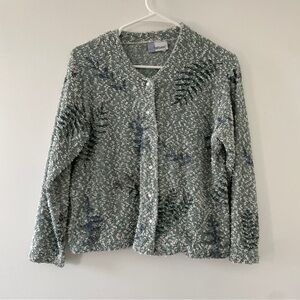 Artisan Green White Blue Cardigan with Fern Motif and Snap Closure